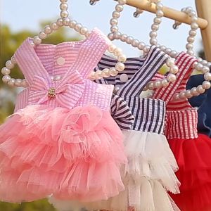 Quần áo váy xòe sọc 3 tầng kèm nơ thú cưng cho chó mèo cotton mỏng thoáng mát dễ thương cute bốn mùa - Gi Gi Pet Shop