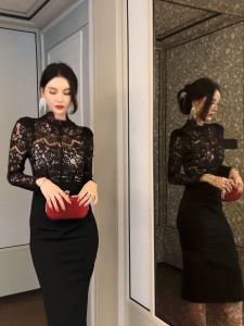 ZYHT EraVogue Đầm Váy nữ váy đen váy dài tay váy ren váy công sở váy xã hội cao váy cổ điển váy sự kiện váy dự tiệc váy Pháp 21074