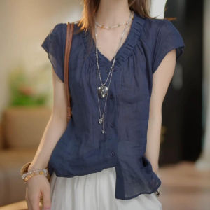 Shalldoer | Fashionable Pleated V-neck Shirt Womens Summer New Style Vintage Wood Grain Edge Slimming Versatile Top Casual Loose Fit