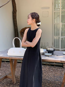 Blue Non-Wrinkle Simple Elegance Sleeveless Vest Dress Beige New Chinese Style round Neck A-Line Skirt Single Piece Summer Dress