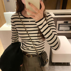 Contrast Color Waffle Stripes T-shirt Womens Knitting Base Shirt K-style Shoulder Long Sleeve Inner Wear Autumn and Winter Silm Tops
