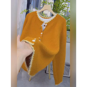 Spring Autumn 2025 Womens Loose Knitted Cardigan Sweater Orange Color Block Cashmere Coat with Colorful Buttons Korean Style