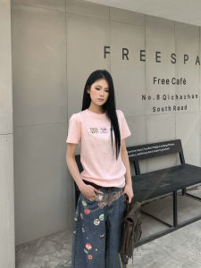 ZHL Studio Summer New Simple Cat Sticker Embroidery Slim Fit Shoulder T-Shirt Short Sleeve Commute Style Moisture Wicking