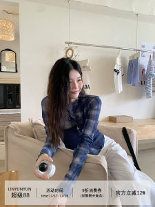 เสื้อเชิ้ตลายสก็อตสไตล์ย้อนยุคพร้อมเสื้อกั๊กผ้าตาข่าย 2 ชิ้น ฤดูใบไม้ร่วง 2025 สำหรับผู้หญิง ทรงสลิมฟิต แขนยาว ปกติ