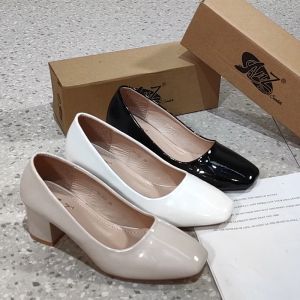 2 INCH square toe glossy leather heels for women
