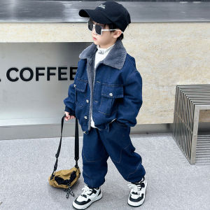 Boys Denim Fleece Lined Collared Set Warm Stylish Autumn Winter Two Piece Suit Casual Sportswear for Teenage Boys