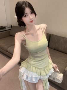 GUZILIAN | Pure Desire Sweet Spicy Lace Crop Top Slim Fit Half Skirt Two Piece Set Korean Style Commute Small Vest Small Strap