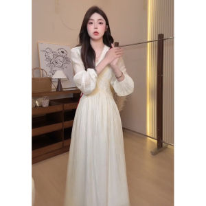 unifittoo | Pretty Elegant White Long-sleeved V-neck French Style Maxi Dress