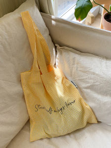 Moregool Original Yellow Plaid Single Shoulder Canvas Bag Lightweight Cotton Tote for Casual Use Medium Size Soft Root Double Shoulder Strap