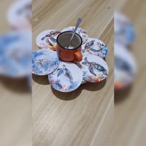 1pc Funny Fish-Shaped Wooden Coaster 3mm Interesting Design White Lines Blue Background Seaside Restaurants Durable Summer Gift