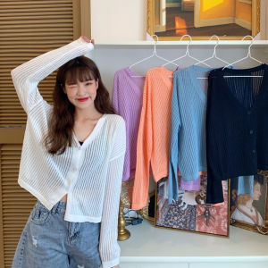 Womens Knitted Long Sleeve Light Weight Hollow out Solid Color Summer 2025 New Style Korean Loose Fit Open Cardigan