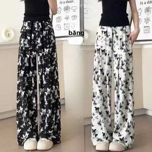 Quần Ống Rộng Phong Cách Trung Hoa Cho Nữ Mùa Hè Họa Tiết Sọc Mỏng Cạp Cao Họa Tiết Bướm Quần Dài Thường Ngày Bằng Lụa Băng