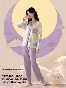 MiiOW | Áo ngủ dài tay cotton nguyên chất dễ thương cho nữ Áo khoác ngoài mặc nhà mùa thu MiiOW Cat Person Áo chui đầu cổ chữ V