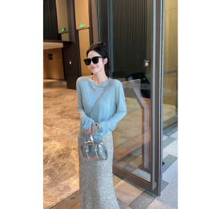 Shiny Sequin Design A-Line Mini Skirt Womens High Waist Slim Fit Bodycon Long Fish Tail Skirt Korean Style Commute Fashion