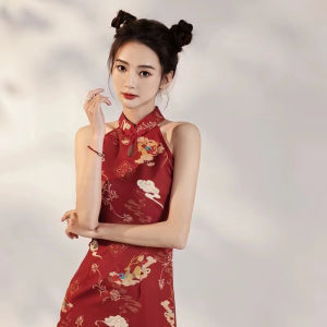 Red Young Style Sleeveless Cheongsam Neck Hanging Chinese Style Morning Robe Short Length Simple Design Daily Wear Polyester Fiber