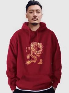 เสื้อสเวตเตอร์มีฮู้ดทรงหลวมสไตล์จีนปีมังกร 2024 สำหรับผู้ชายและผู้หญิง เสื้อแจ็คเก็ตฤดูใบไม้ร่วง/ฤดูหนาว สีแดง ทรงหลวม ทรงหลวม เสื้อผ้าคู่รัก