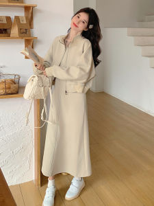 ชุดเดรสสองชิ้นสไตล์เกาหลีฤดูใบไม้ร่วงสำหรับผู้หญิงวัย 18-25 ปี คอตั้ง แขนยาว ซิป ชุดเสื้อกั๊กสเวตเตอร์ เอวสูง