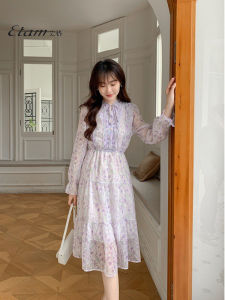 Etam Floral Print Chiffon Midi Dress Womens Elastic Waist Slimming Stand Collar French Style Dress Spring Autumn Long Sleeve