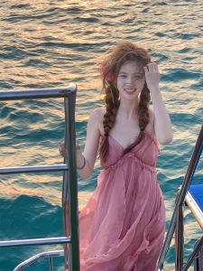 French Pink Vacation Style Open Back Ruffled Dress for Women Long Sleeveless Chiffon Gown with Asymmetrical Waistline