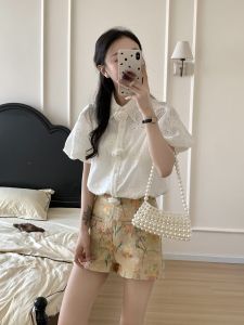 Daytime Silk Hollow Embroidery Flower Bud Sleeve Shirt French Style Short Sleeve Set Women Straight Cut Cotton Blend Summer Polo Collar