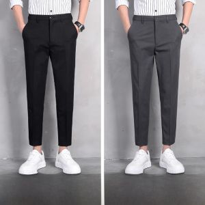 ROMON | Lormen Mens Slim Fit Straight Leg Ice Silk Nine-Foot Thin Business Casual Pants Summer Spring Iron-Free West Pants Trendy
