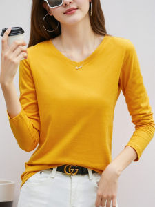 Fashionable V-Neck Base Shirt Womens Slim Fit Chicken Heart Neck Top Commute Style Splice Cotton Blend Long Sleeve T-Shirt