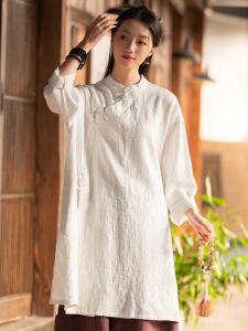 Monastic Style Chinese Tang Suit Womens Long Sleeve Button up Top Buddhist Zen Fashion Mid-Length Side Buttoned Blouse