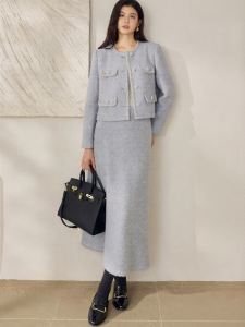 Roey s house | Elegant Luxurious French Style Womens Suit 1 Piece Wool Jacket and 1 Piece Midi Skirt Set