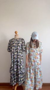 CHAWY Cute Floral Dress 🍩🌷 C4444 เดรสยาวลายดอก เดรสยาวแขนตุ๊กตา สีชมพู และสีแดง มี 2 สีเขียว ดำ