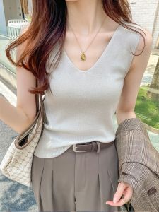 Womens Knitted Vest 2025 New Summer Outdoor Wear Cool Little Strap Base Beautiful V-neck Hong Kong Style Sleeveless Top