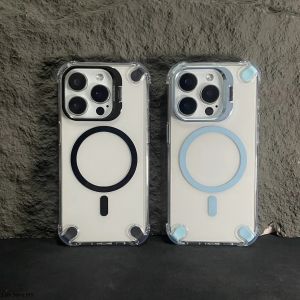 Metal Lens Bracket Transparent Magnetic Absorption Mobile Phone Case for iPhone 16 pro Max 15 pro Creative Quad Corner Airbag Anti-Fall