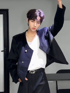 Wang Jiajie Short American Style Black Suit Jacket Mens Spring Autumn Fashionable Casual Loose Fit Polyester Nylon Composite Fiber