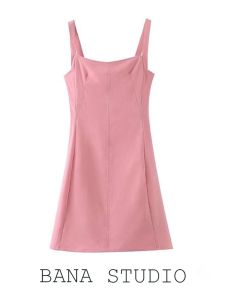 ชุดเดรสสั้นทรงเข้ารูป BANAins สำหรับผู้หญิงในช่วงฤดูร้อน สีชมพูขาว คอเหลี่ยม แขนกุด กระโปรงสั้น ชุดเดรสยาวปานกลาง