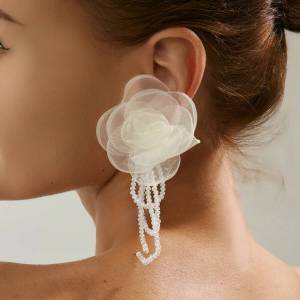 Salircon Bohemian White Mesh Flower Tassel Pendant Earrings Women Elegant Crystal Pearl Long Bowknot Drop Earrings Jewelry Gifts