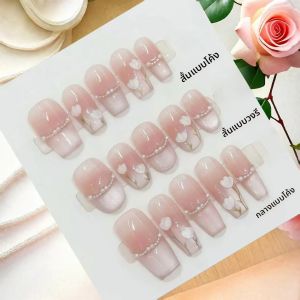 เล็บปลอมแบบกดติด 10 ชิ้น สีชมพูอ่อนลายดอกทิวลิป — ลายตาแมวมุกแท้ สดใส เรียบง่าย ทำมือ พร้อมอุปกรณ์ 4 ชิ้น และแถบกาวติดเล็บ