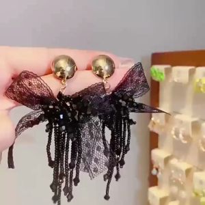 Bông tai hạt đá phối ren hình nơ phong cách điệu đà tiểu thư cho nữ