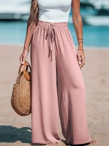 Elastic Waist Straight Leg Loose Pants Pure Color Comfortable Street Style Casual Trousers for Women Spring Season