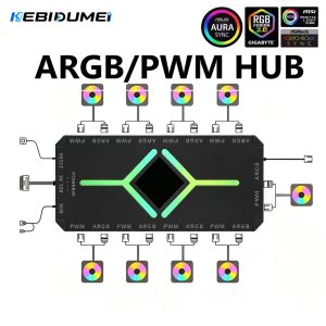 kebidumei | KEBIDUMEI ARGB PWM Fan HUB Adapter 3 in 1 5V 3 Pin ARGB Controller Cooling Fan Adapter 1 To 9 Ports for Computer PC Case Fan