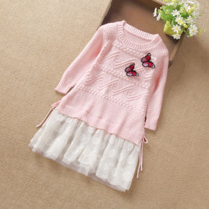 Autumn and Winter Long Sleeves Girls Sweater Skirt Fashionable Pure Cotton Lace Patchwork Western Style Mid-Length Kids Knitting Princess Dress