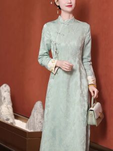 New 2025 Chinese Style Long Sleeve Retro Collar Tea Costume Dress Traditional Cheongsam Mid-Length Skirt for Women Spring Fashion