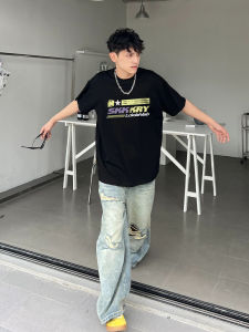 High Street Style Pure Cotton Short Sleeve T-Shirt Mens Trendy Brand Letter Print round Neck Summer Top Breathable Casualwear