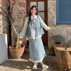 New Chinese Style Denim Set Women Early Autumn High Fashion Sensation Vest Shirt Half Skirt Three Piece Set Polo Collar Long Sleeve