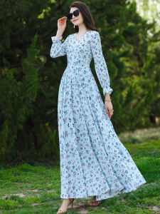 Blue Floral Long Dress Womens Summer New Style Nine Sleeve Fresh Sweet Big Swing Waist Inward Long Dress Elegant V-neck Design