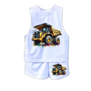 Trendy terno for Kids Tank Top & Shorts with Heavy Machinery Prints Cool Vehicle Designs Fun & Playful Outfits Available in Kids Sizes Sublimation print