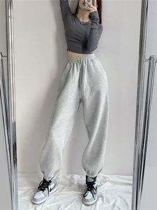 Womens High Waist Fleece Lined Drawstring Loose Grey Sports Casual Pants Autumn Winter plus Size Wide Leg Harlan Trousers