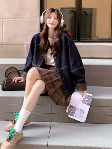 Retro Suede Collar Splicing Denim Jacket Womens Loose Casual Lapel Jacket Autumn New Style High Sensation Casual Top