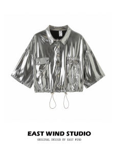 East Wind Silver Short-Sleeved Work Shirt for Women Street Style Loose Fit Slimming Effect Polyester Fiber Material