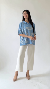 QUEENTIN Blouse Wanita Rajut Collar 120 Viscose Polyamide Knit Motif Salur Lengan Pendek