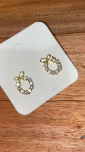 Anting Pita Mutiara Sparkle Korean Style – Ribbon Pearl Crystal Stud Earrings A405