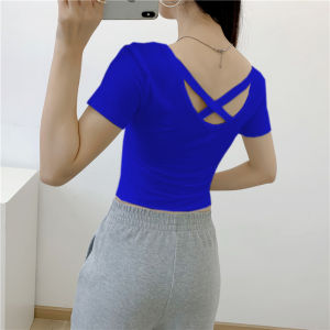 เสื้อยืดแขนสั้นทรงเอเอวสูงสไตล์ยูนิเซ็กซ์ ผ้าโมดอล สีน้ำเงินคลีน ชุดโยคะ ชุดเต้นรำ คอวี หลังเปิด ช่วงหน้าท้องเปิด เสื้อผ้าผู้หญิง